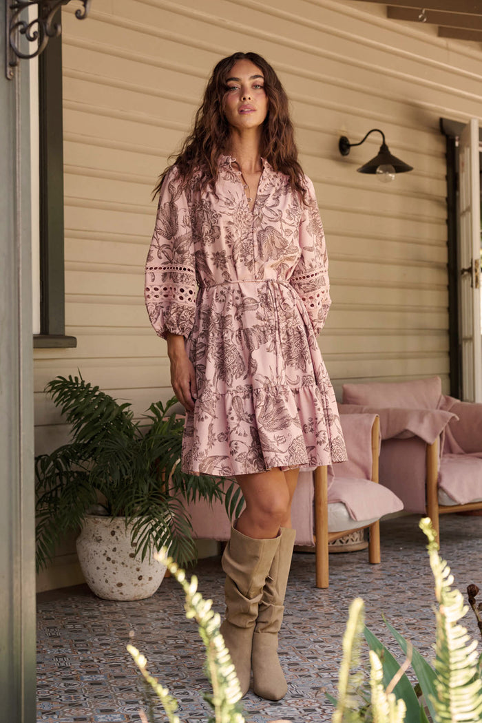 Daze Dress in Pink with Brown Leaf Cotton Linen campaign full
