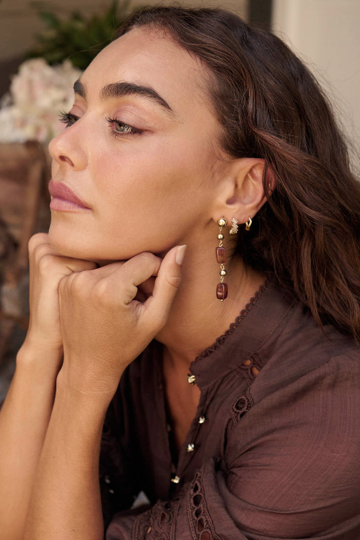Alina Drop Earrings in Gold with Amber Resin campaign side