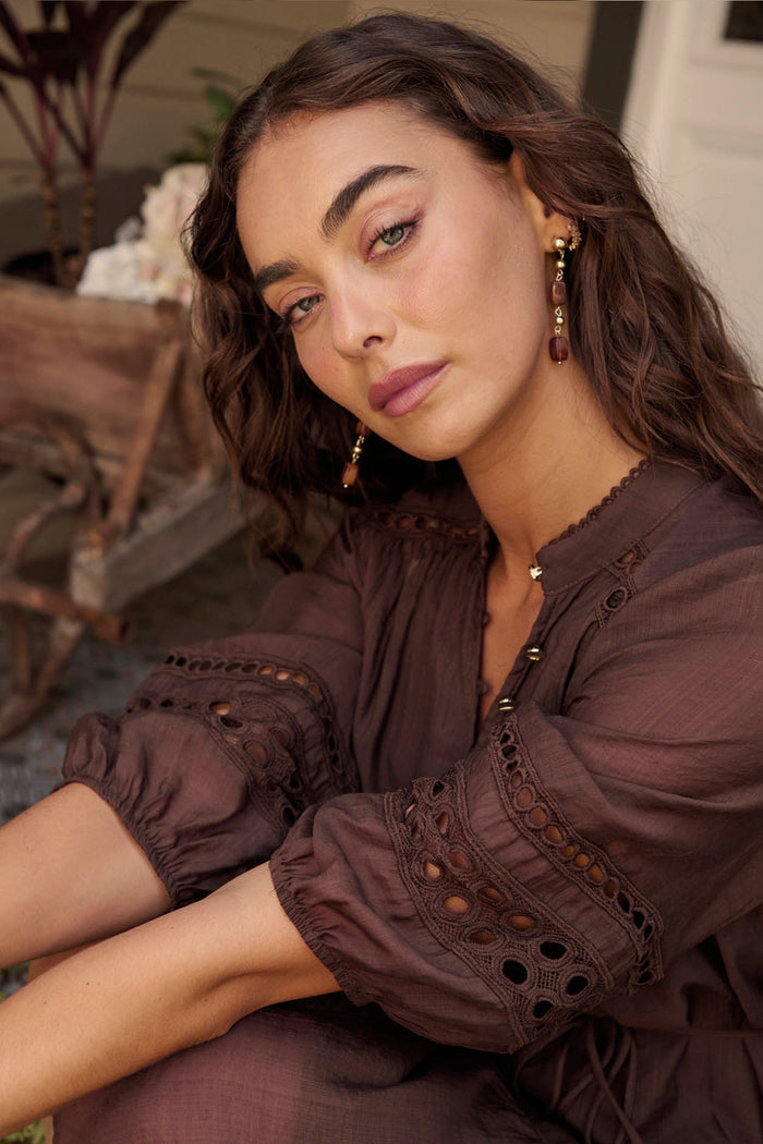 Alina Drop Earrings in Gold with Amber Resin campaign side