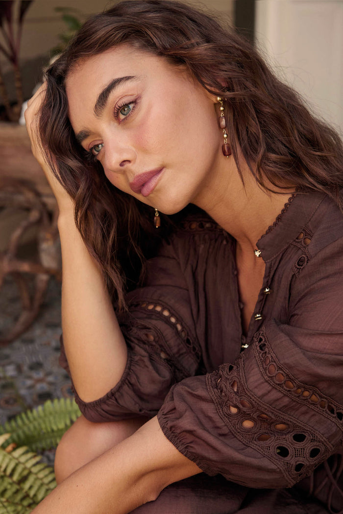 Alina Drop Earrings in Gold with Amber Resin campaign side