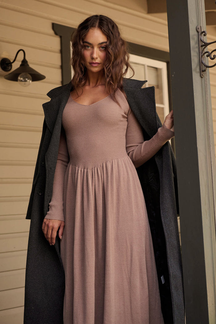 Dove Midi Knit Dress in Taupe campaign front
