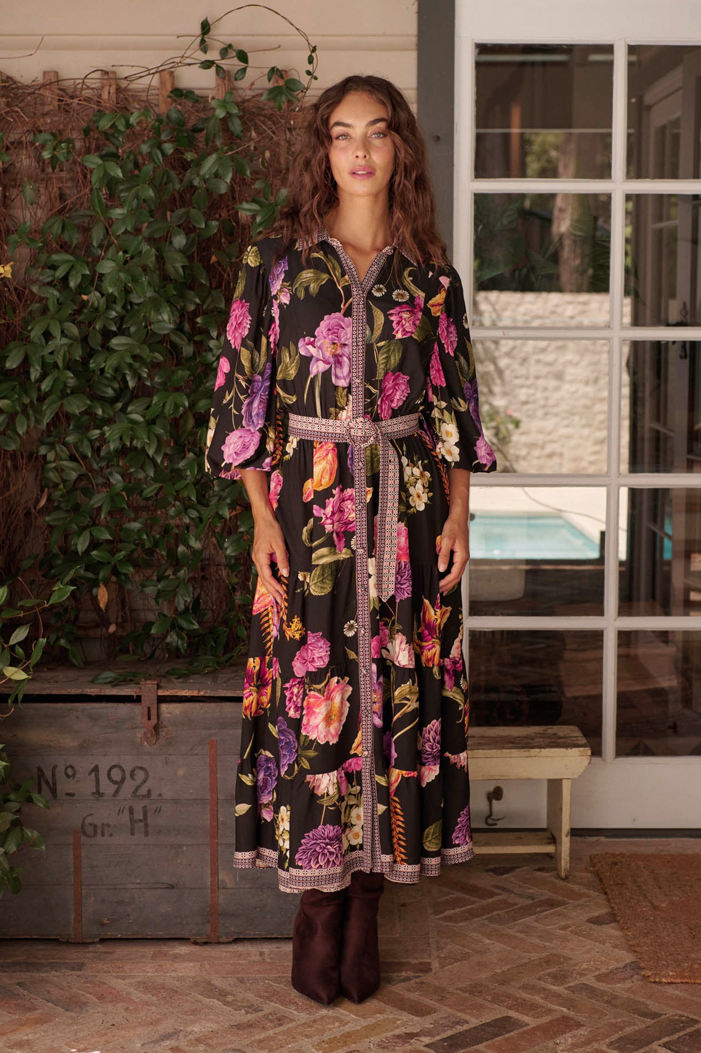 Evening Serenade Maxi Dress in Black with Multi Floral campaign full