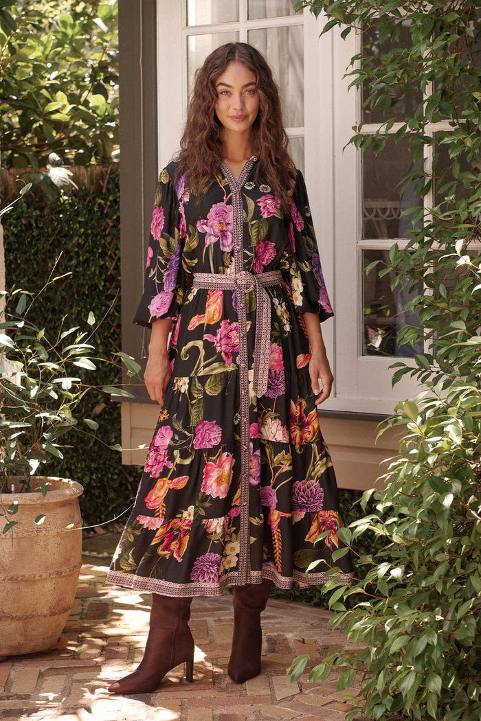 Evening Serenade Maxi Dress in Black with Multi Floral campaign full