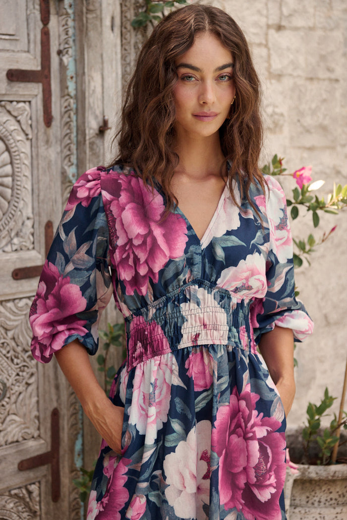 Shimmer Dress in Navy with Pink Floral Linen Blend campaign front