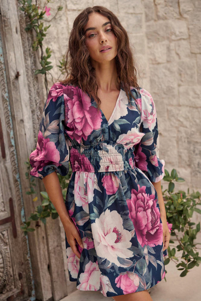 Shimmer Dress in Navy with Pink Floral Linen Blend campaign front