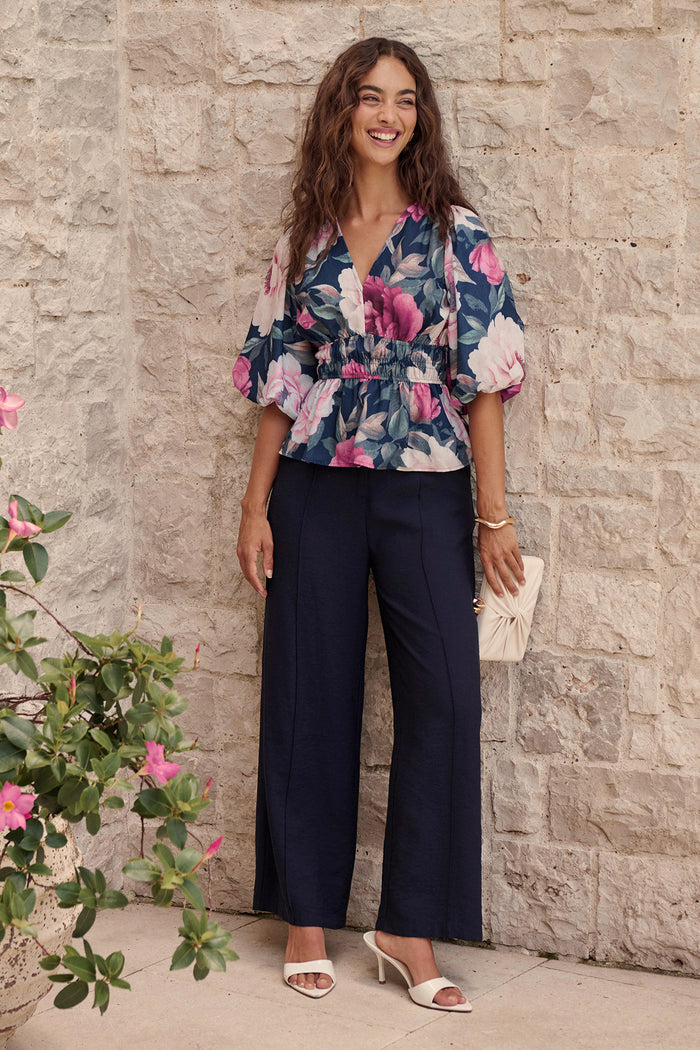 Perfection Top In Navy with Pink Floral Linen Blend campaign full length