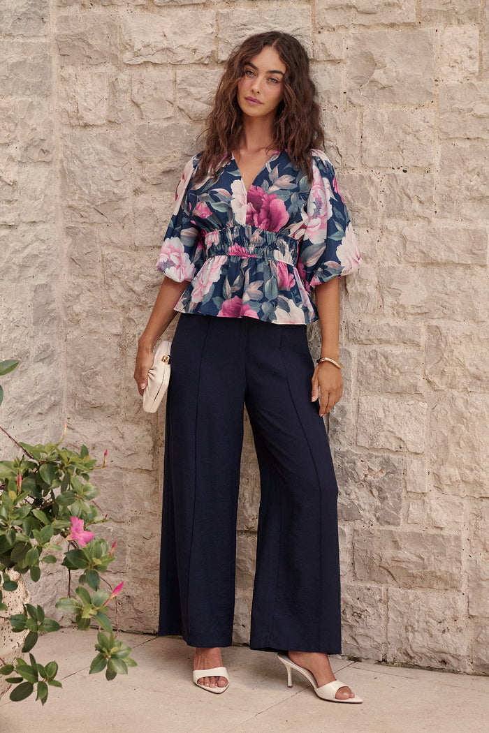 Perfection Top In Navy with Pink Floral Linen Blend campaign full length