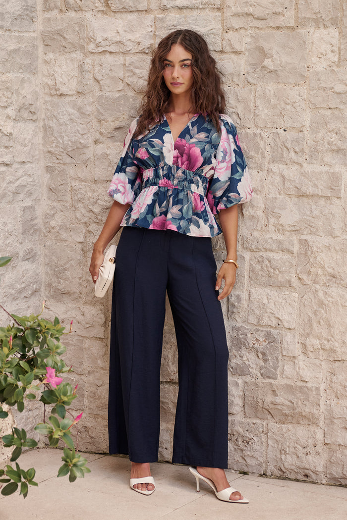 Power Dressing Pant in Navy Linen Blend campaign full length