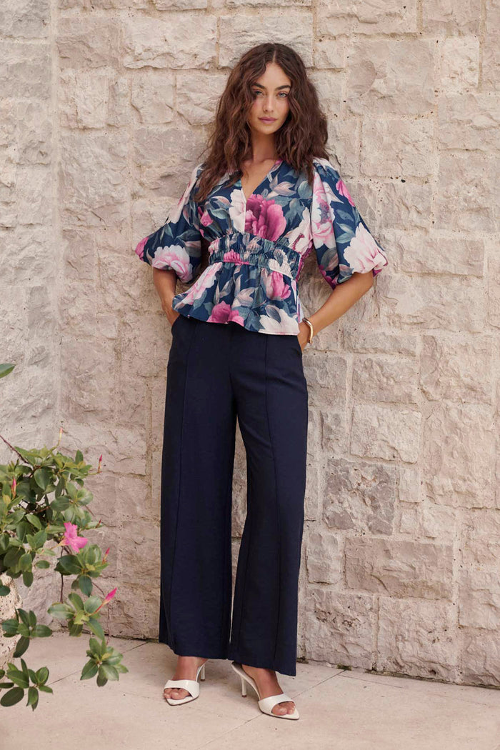 Power Dressing Pant in Navy Linen Blend campaign full length