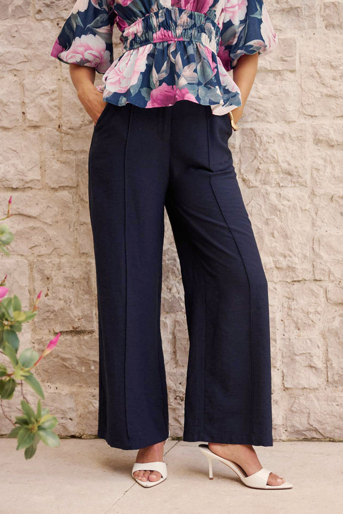 Power Dressing Pant in Navy Linen Blend campaign front