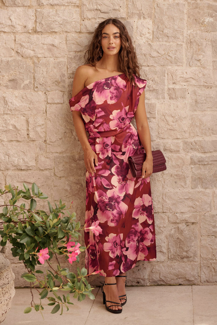 Luvella Maxi Off Shoulder Dress in Wine with Blush Floral Satin campaign full length