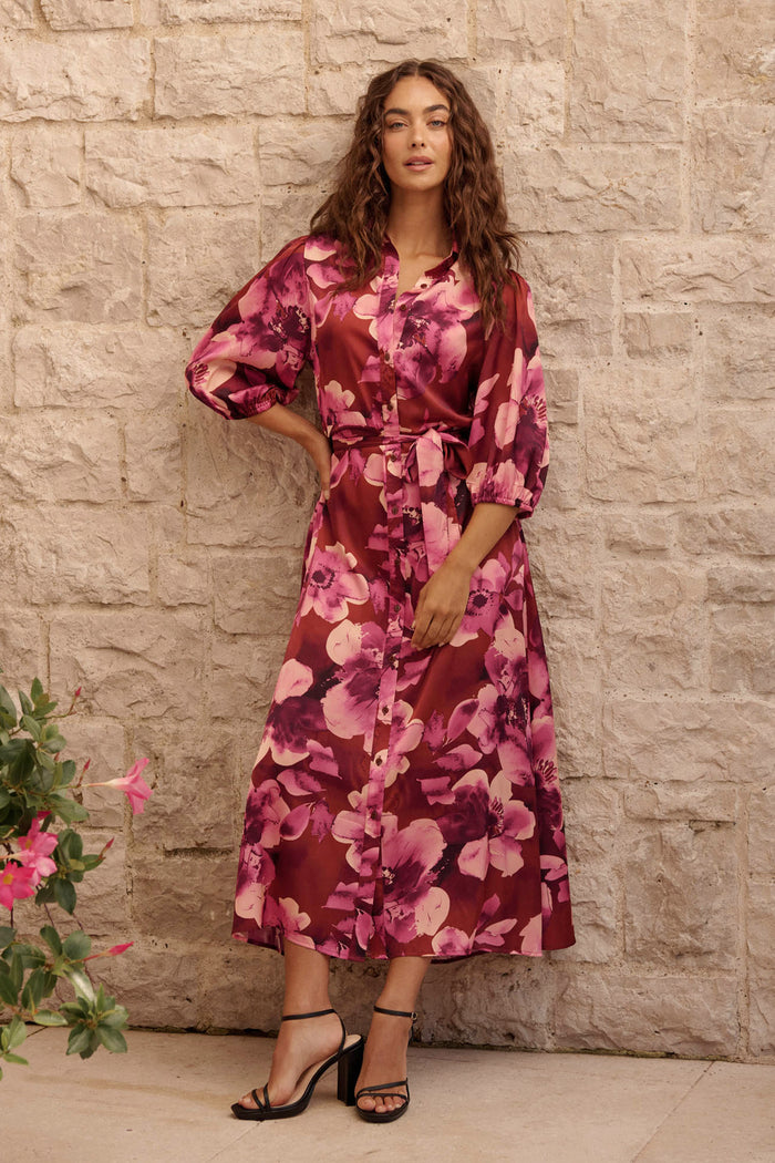 Elevation Maxi Shirt Dress in Wine with Blush Floral Satin campaign full