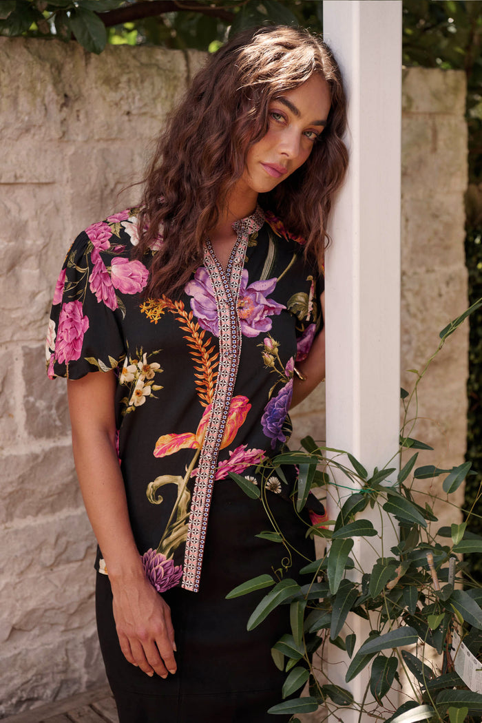 Twilight Luxe Top in Black with Multi Floral campaign front
