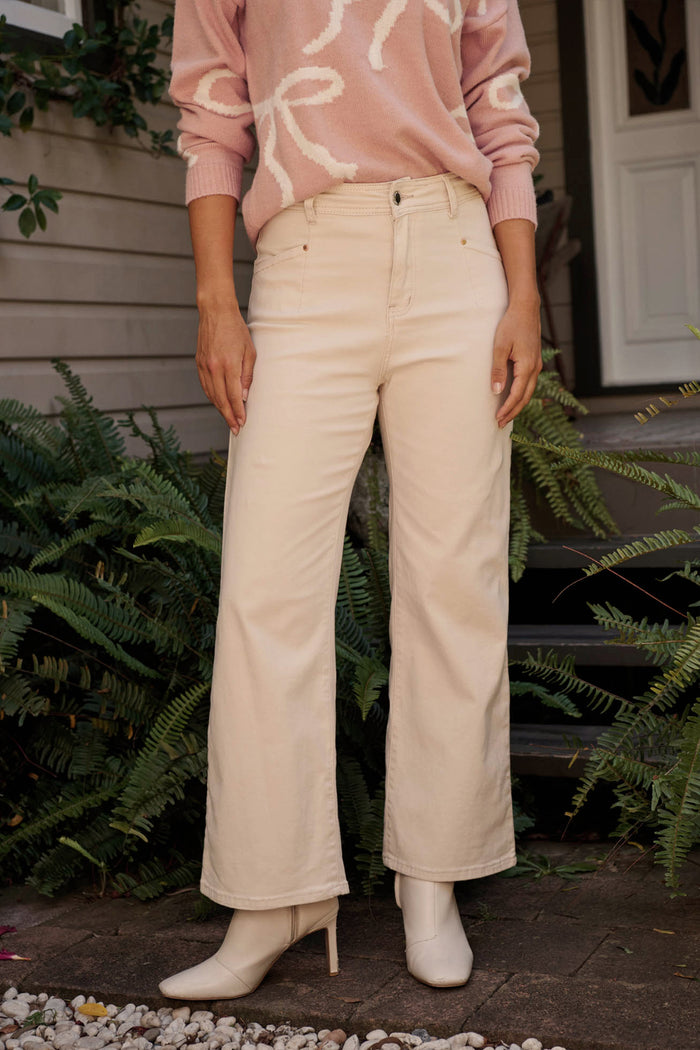 Nimes High Rise Wide Leg Jean In Sand Denim campaign front