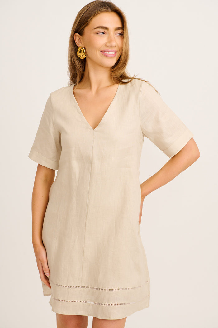 Elspeth Dress in Beige Linen front