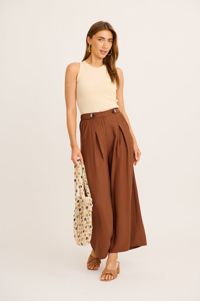 Blisfully Plain Pant in Chocolate Linen Blend full length