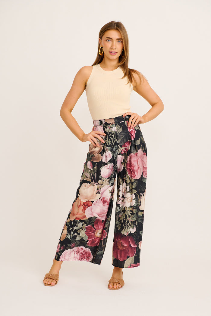 Blisfully Plain Pant in Black Multi Floral Linen Blend full length