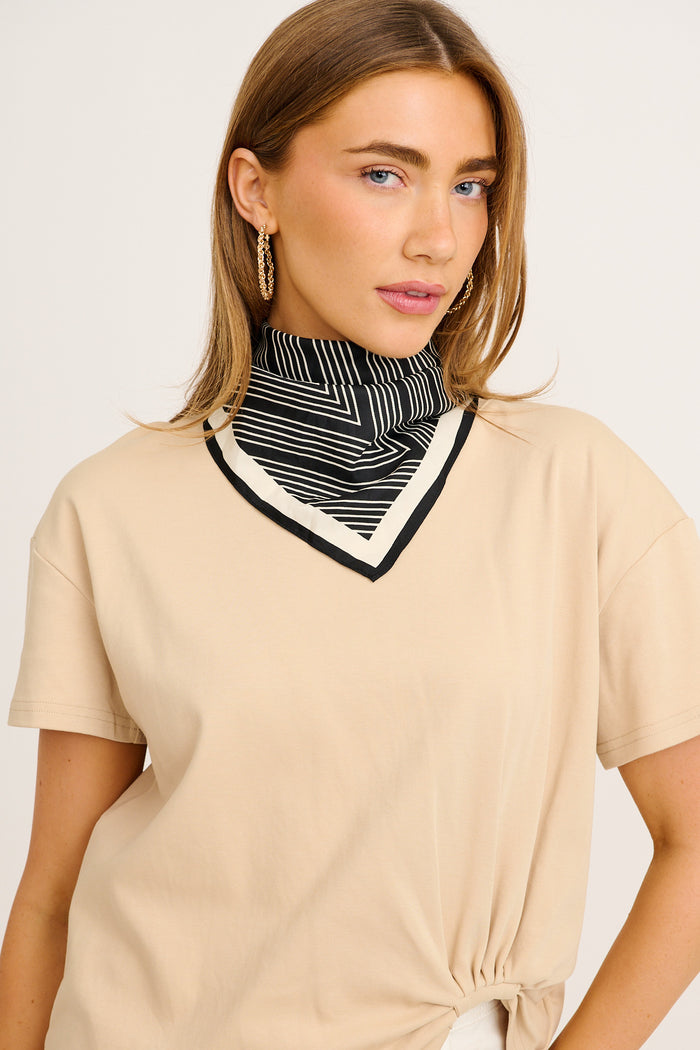 Noemi Monochrome Scarf in Black and White Stripe Satin on model neck