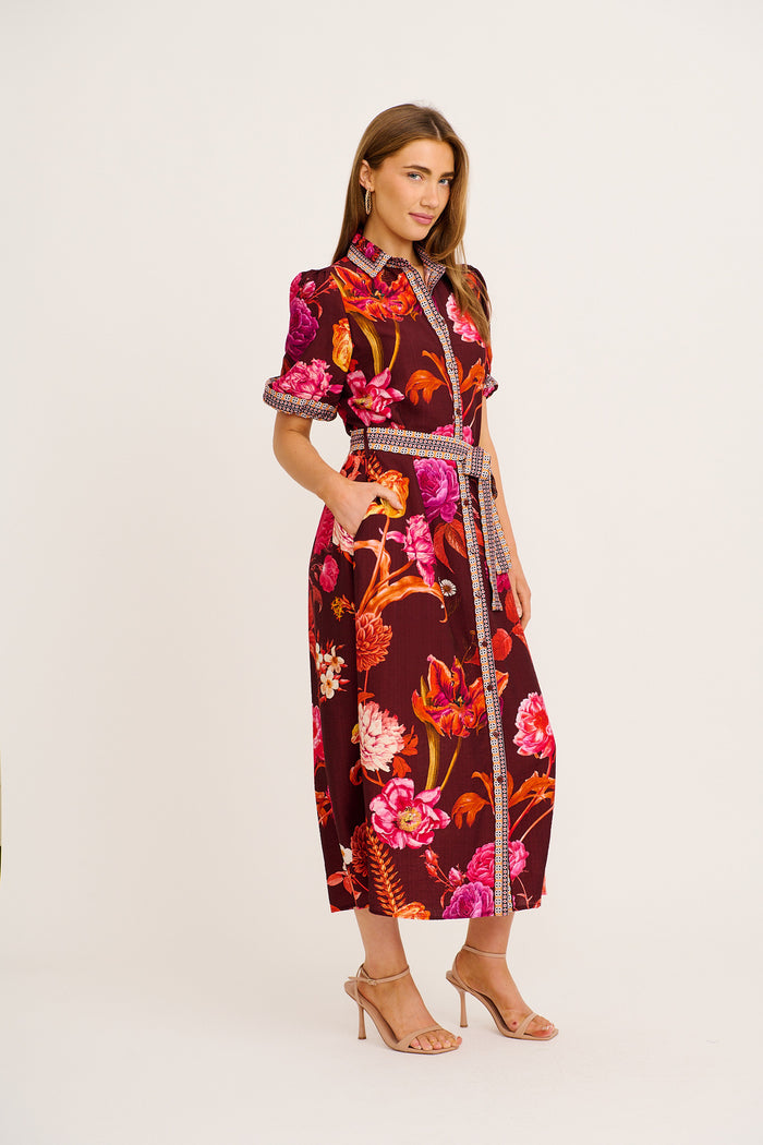 Enthusiast Maxi Shirt Dress in Wine Multi Floral Print Linen Blend side