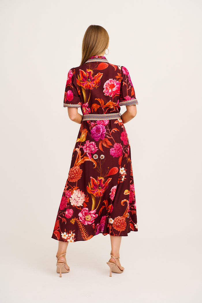 Enthusiast Maxi Shirt Dress in Wine Multi Floral Print Linen Blend back