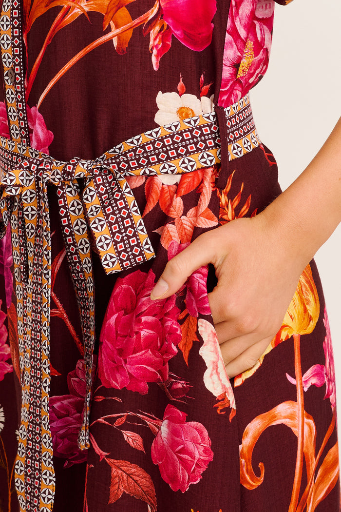 Enthusiast Maxi Shirt Dress in Wine Multi Floral Print Linen Blend detail