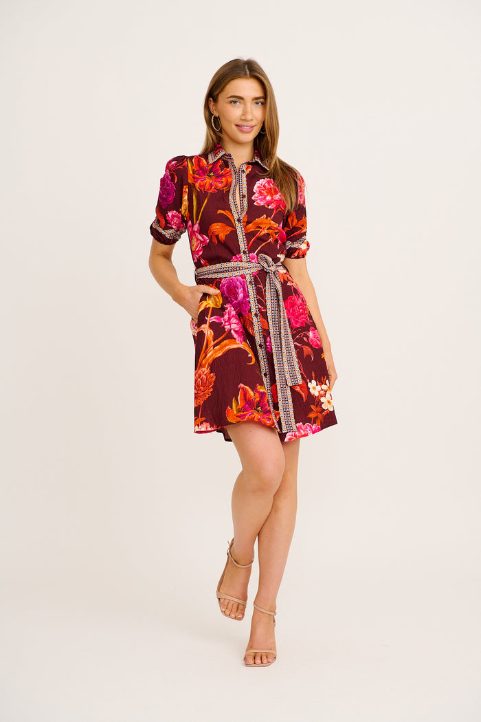 Spirit Shirt Dress in Wine Multi Floral Print Linen Blend full length