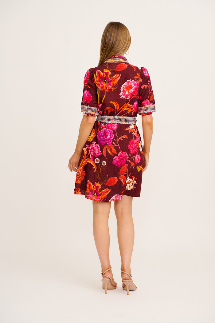 Spirit Shirt Dress in Wine Multi Floral Print Linen Blend back