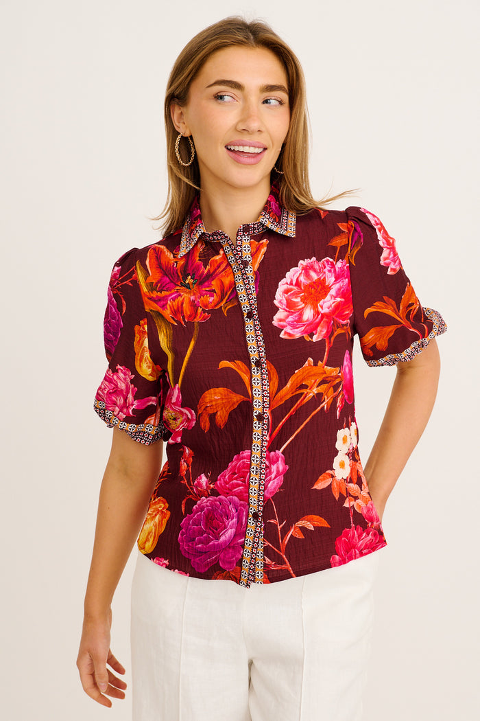 Cheering Top in Wine Multi Floral Print Linen Blend front