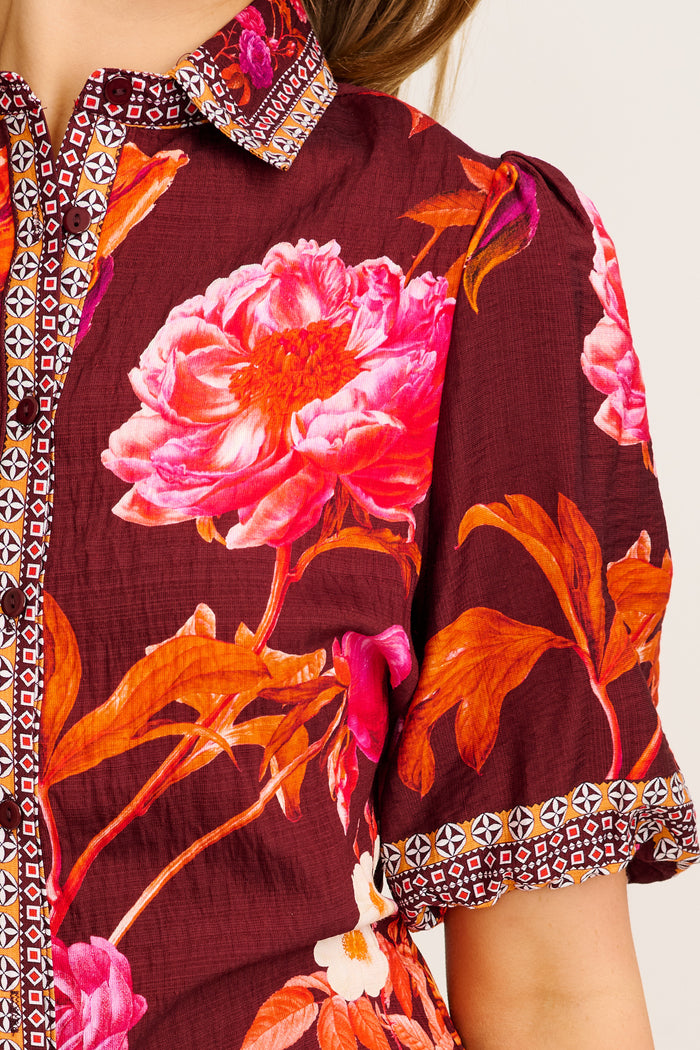 Cheering Top in Wine Multi Floral Print Linen Blend detail