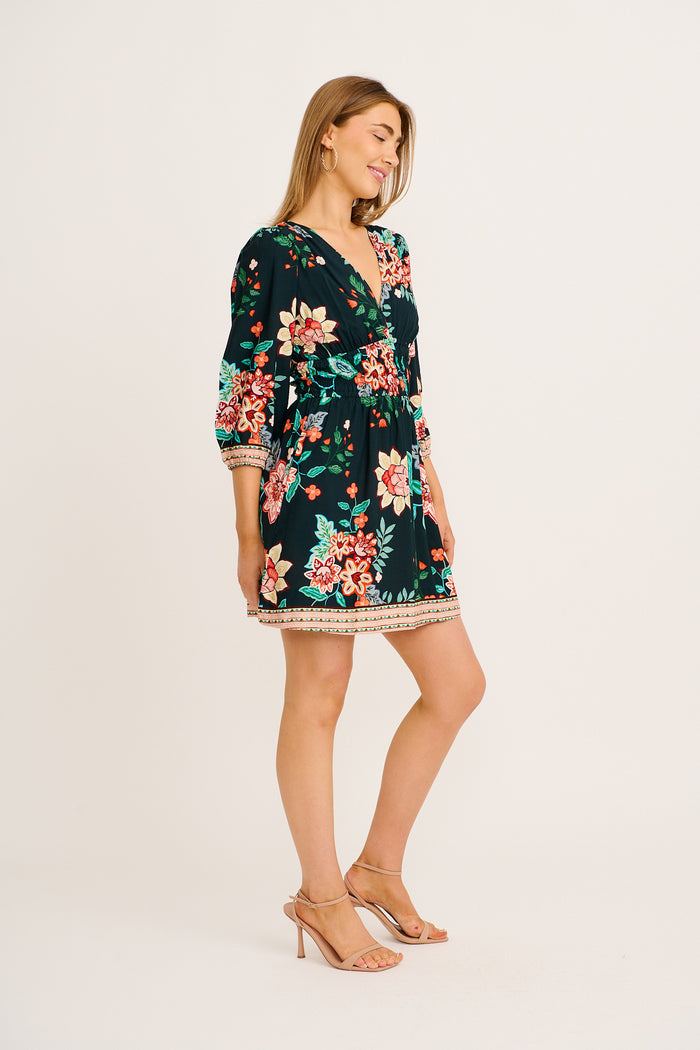 Shimmer Dress in Emerald with Multi Floral side