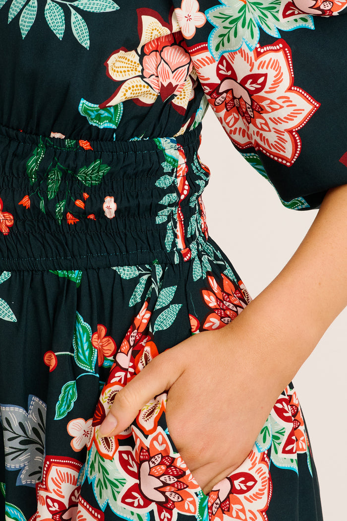 Shimmer Dress in Emerald with Multi Floral detail