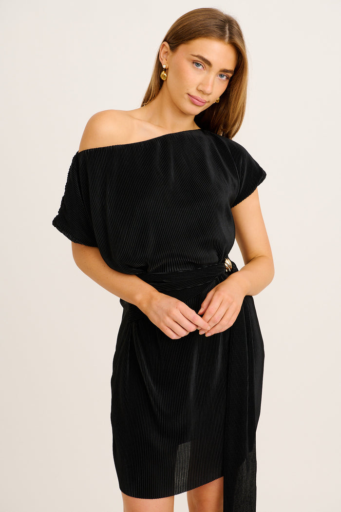 Love Based Off Shoulder Dress in Black Plisse front