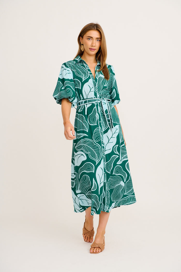 Reanna Midi Shirt Dress in Green Leaf Print full length