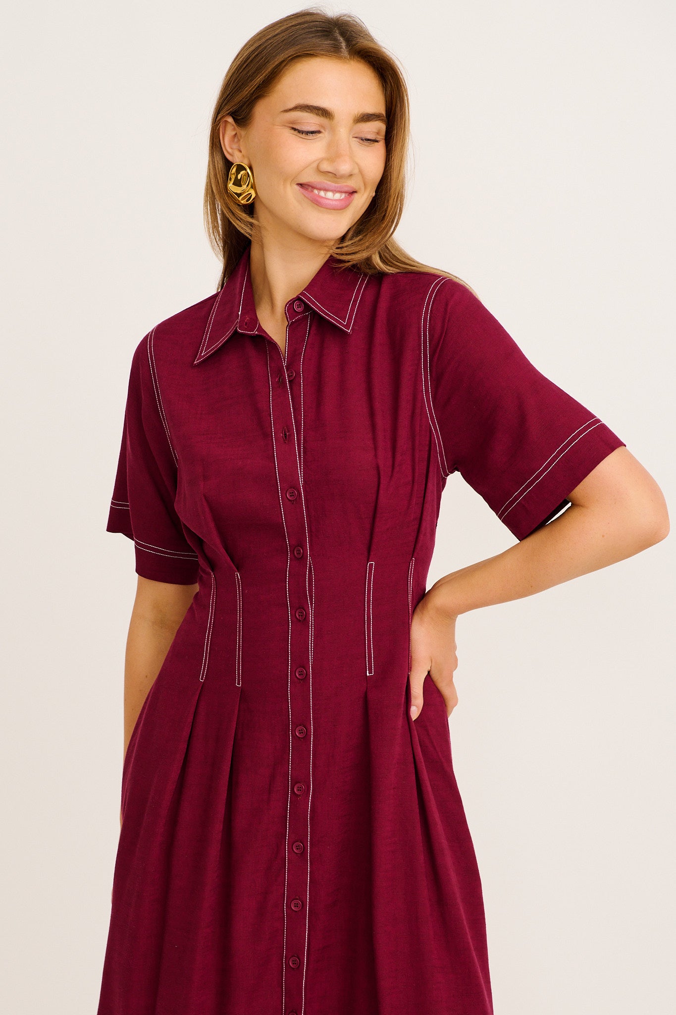 Stylish Structure Midi Shirt Dress Wine Linen