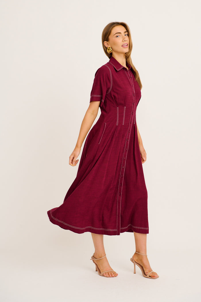 Stylish Structure Midi Shirt Dress in Wine Linen Blend side