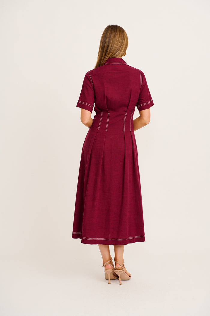 Stylish Structure Midi Shirt Dress in Wine Linen Blend back