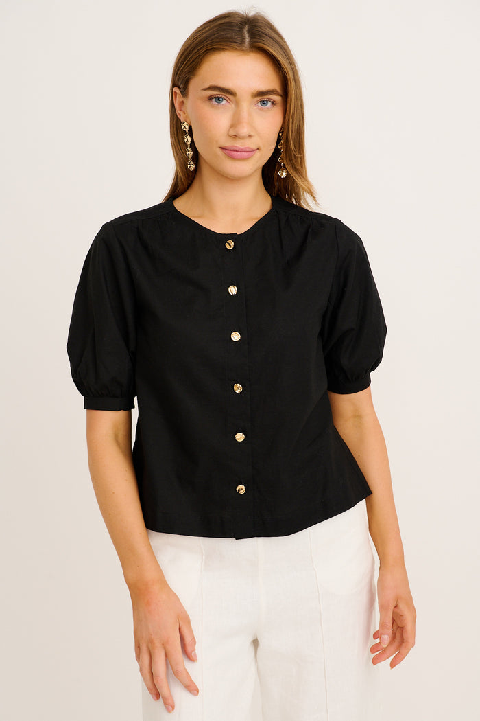 Sophisticated Top in Black Cotton Linen front