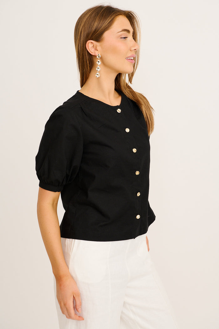 Sophisticated Top in Black Cotton Linen side