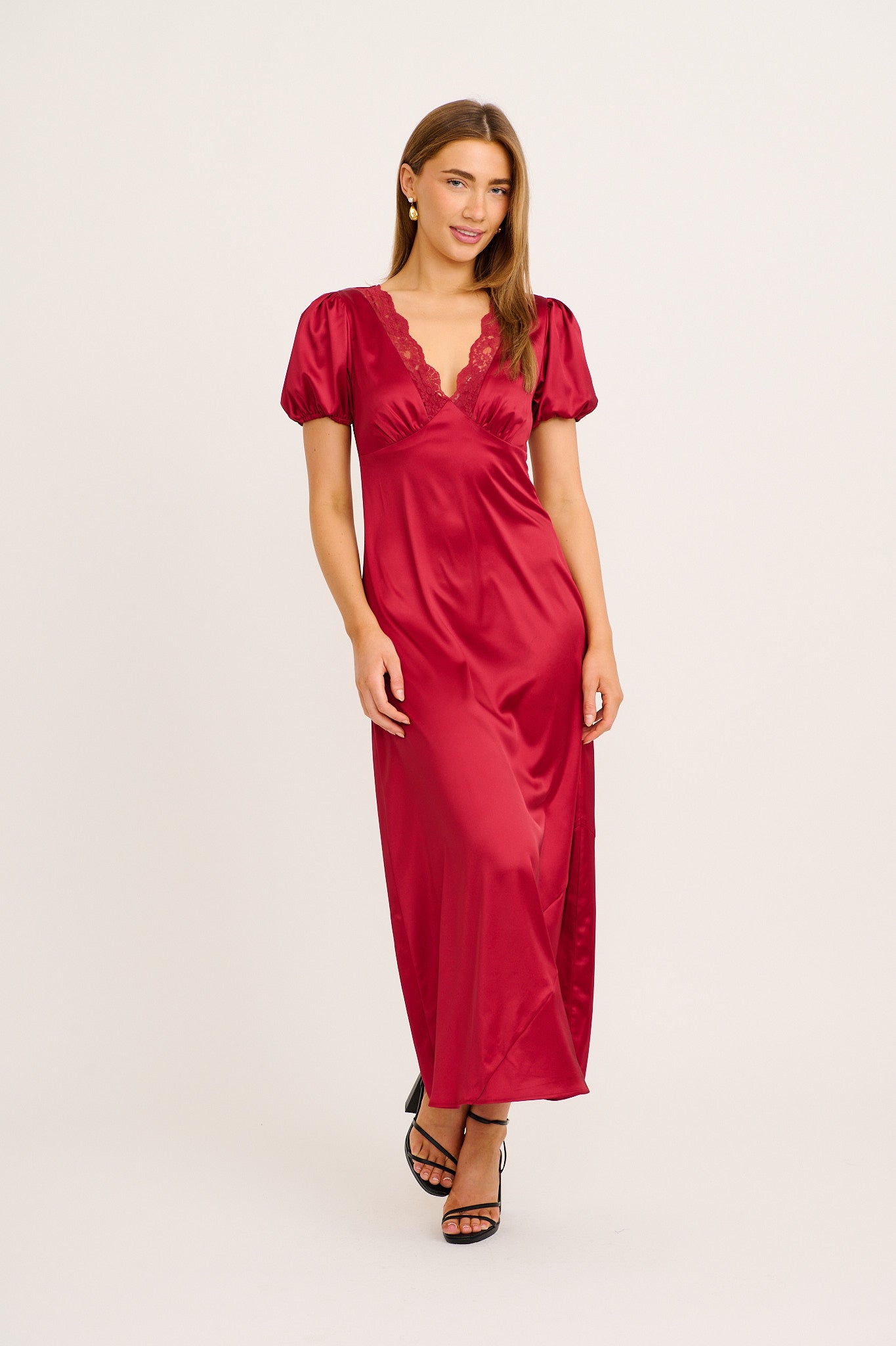 Lover Girl Maxi Dress in Wine Satin full length