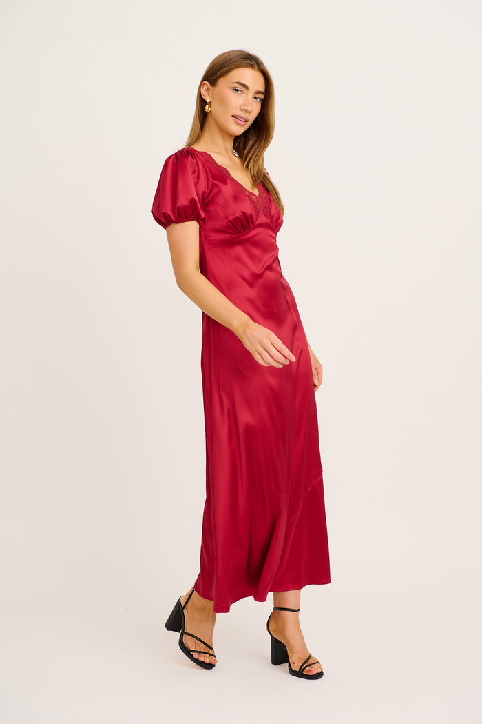 Lover Girl Maxi Dress in Wine Satin side