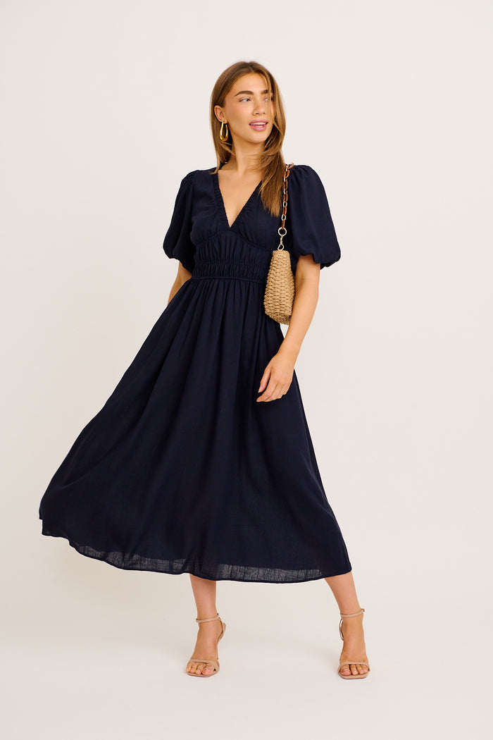 Nerea Midi Dress in Navy Linen Blend full length