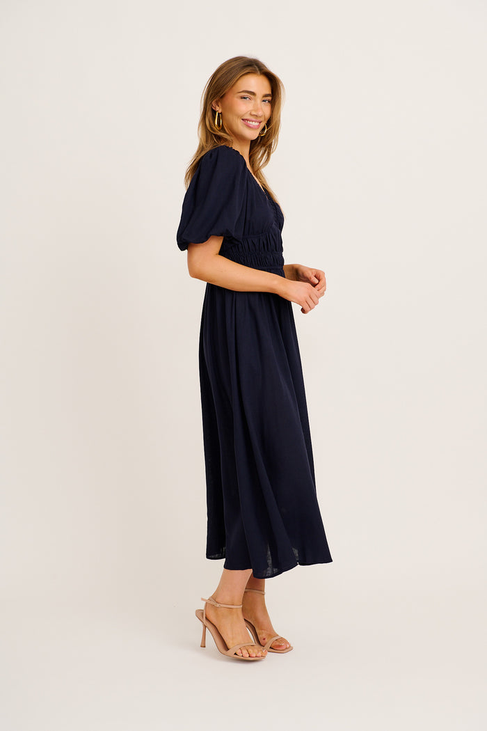 Nerea Midi Dress in Navy Linen Blend side