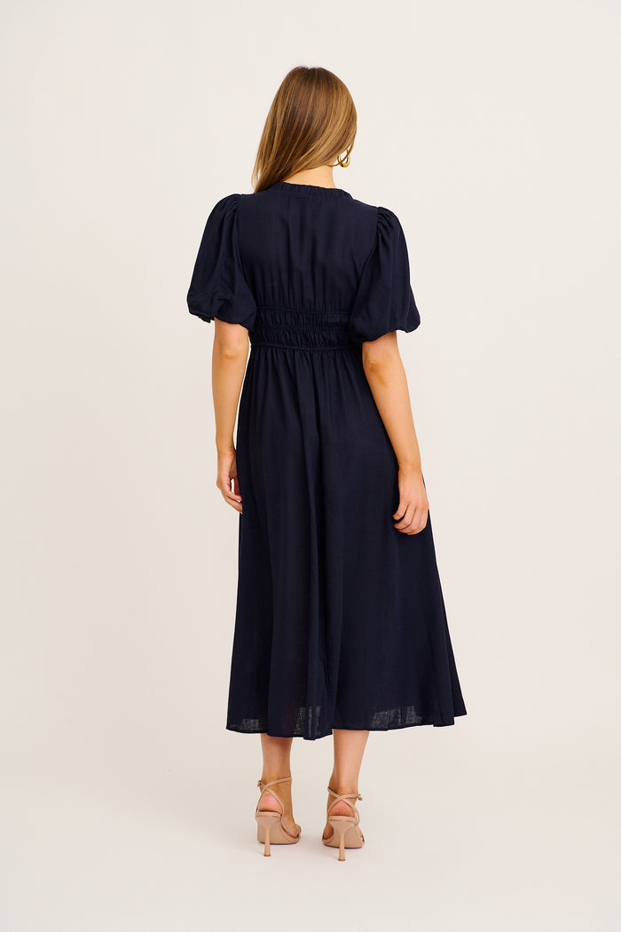 Nerea Midi Dress in Navy Linen Blend back