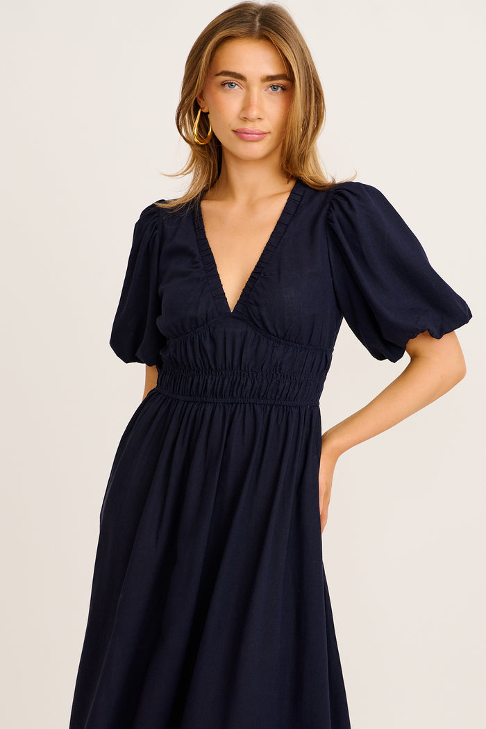 Nerea Midi Dress in Navy Linen Blend front