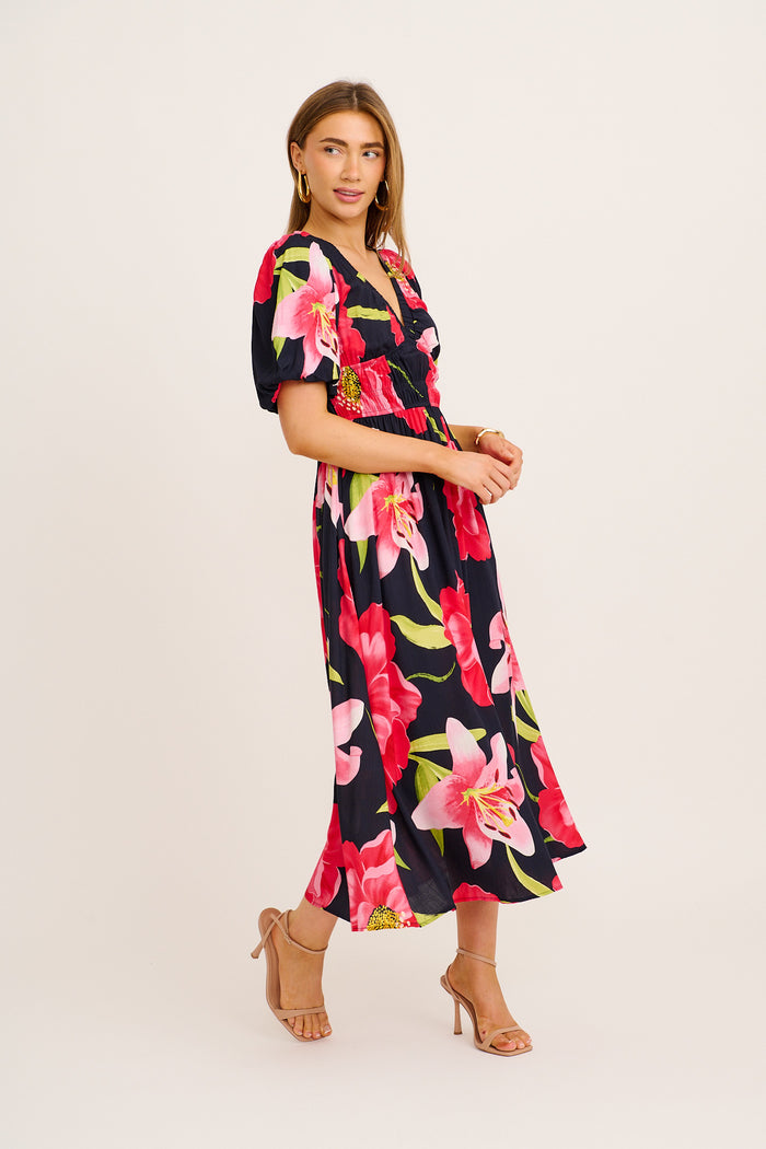 Nerea Midi Dress in Navy with Pink Floral side