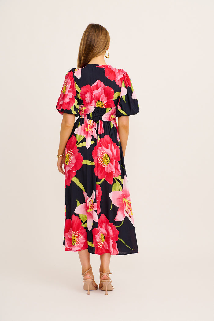 Nerea Midi Dress in Navy with Pink Floral back