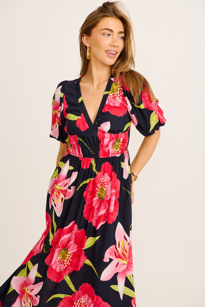 Nerea Midi Dress in Navy with Pink Floral front