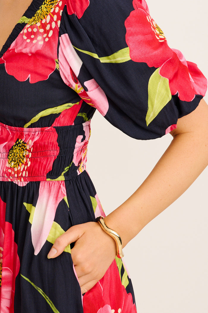 Nerea Midi Dress in Navy with Pink Floral detail