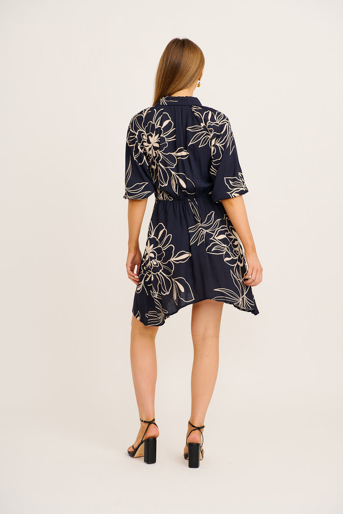 Selin Shirt Dress in Navy with Cream Sketch Floral back