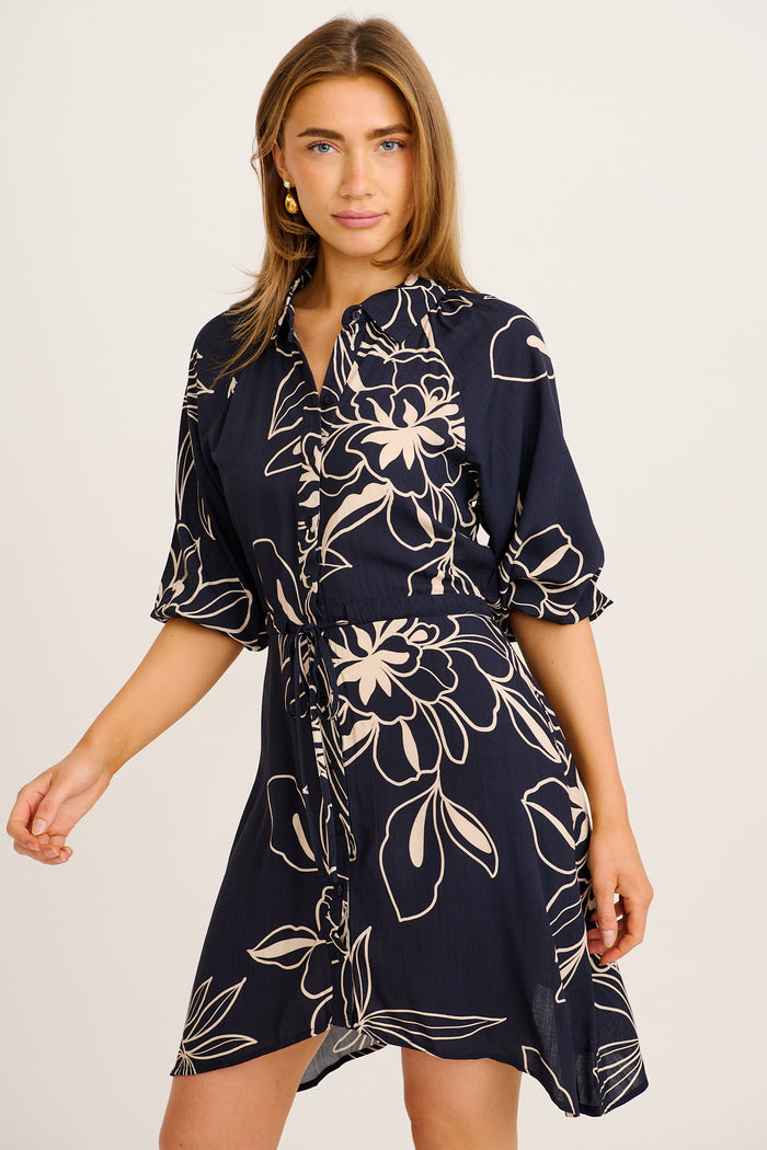 Selin Shirt Dress in Navy with Cream Sketch Floral front